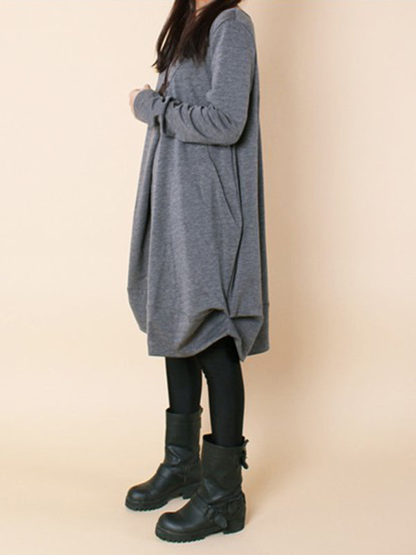 Olivia Bennet | A-line Long Sleeves Pleated Solid Color Round-neck Dresses Maxi Dresses