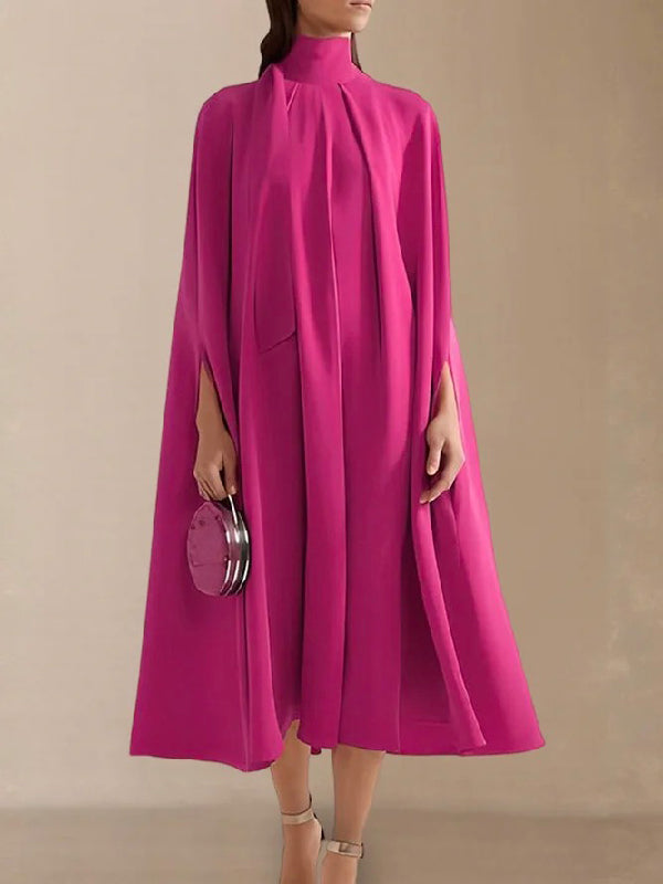 Olivia Bennet | Simple Batwing Sleeves Lace-Up Solid Color High-Neck Midi Dresses