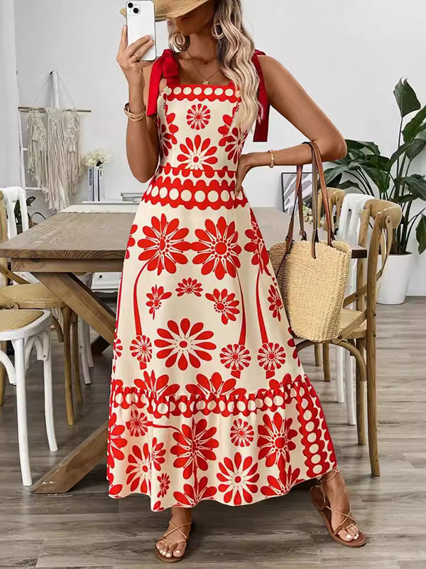 Olivia Bennet | A-Line Loose Elasticity Flower Print Pleated Tied Spaghetti-Neck Midi Dresses