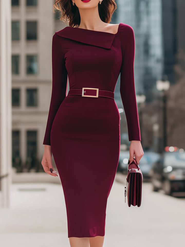 Olivia Bennet | Elegant Wine Red Belted Pencil Midi Dress