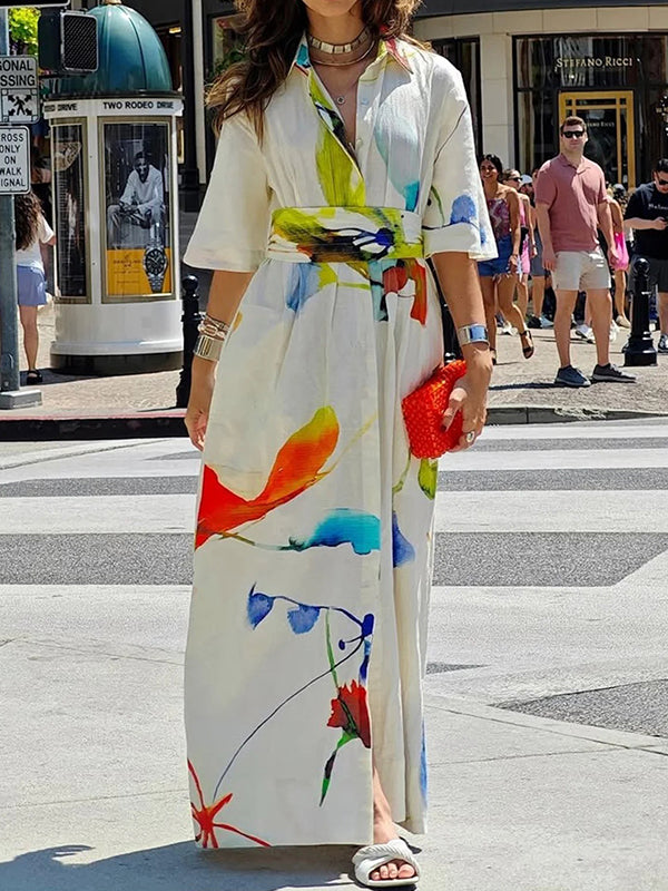 Olivia Bennet | Half Sleeves Loose Asymmetric Printed Split-Joint Tied Waist Lapel Maxi Dresses Shirt Dress