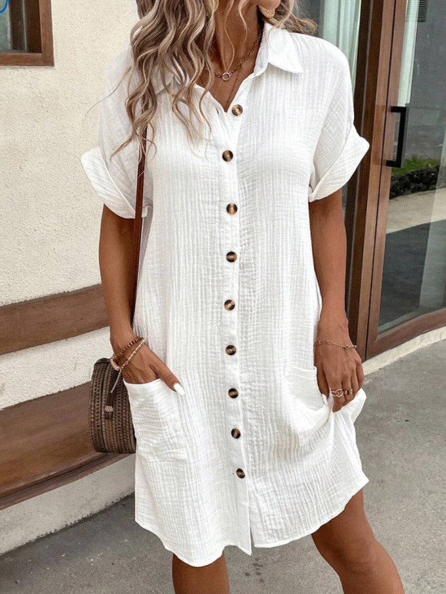 Olivia Bennet | Half Sleeves Loose Buttoned Pockets Solid Color Lapel Mini Dresses