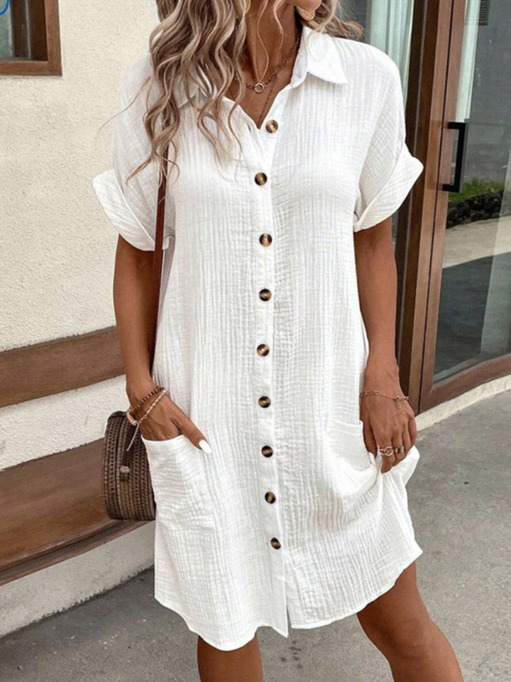 Olivia Bennet | Half Sleeves Loose Buttoned Pockets Solid Color Lapel Mini Dresses