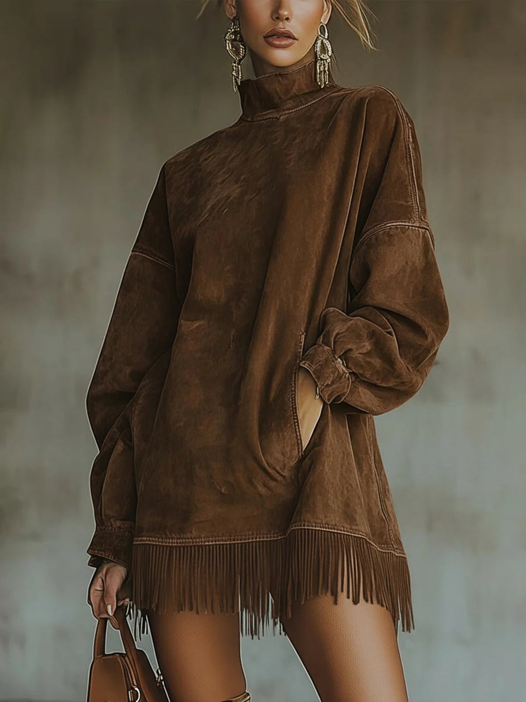 LAVINIA | Faux Turtleneck Dress with Fringe Hem