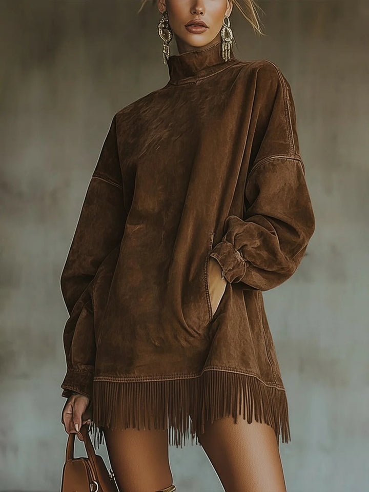LAVINIA | Faux Turtleneck Dress with Fringe Hem