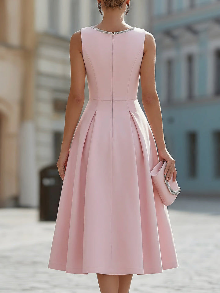 Olivia Bennet | Elegant Sleeveless Rhinestone Neckline Fit & Flare Midi Cocktail Dress