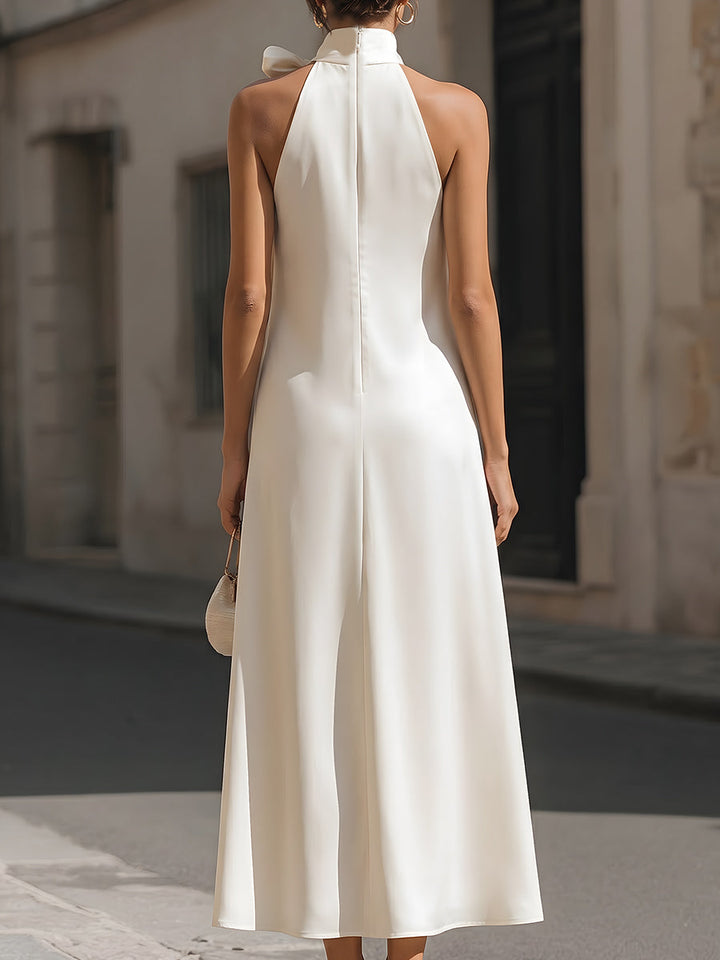 Olivia Bennet | Elegant Ivory Satin Halter Maxi Dress