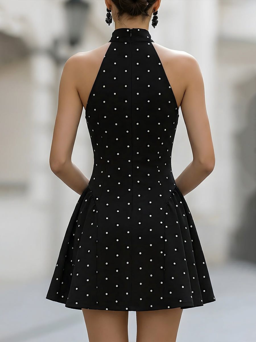 Olivia Bennet | Elegant Polka Dot Halter Neck Sleeveless Flared Mini Dress