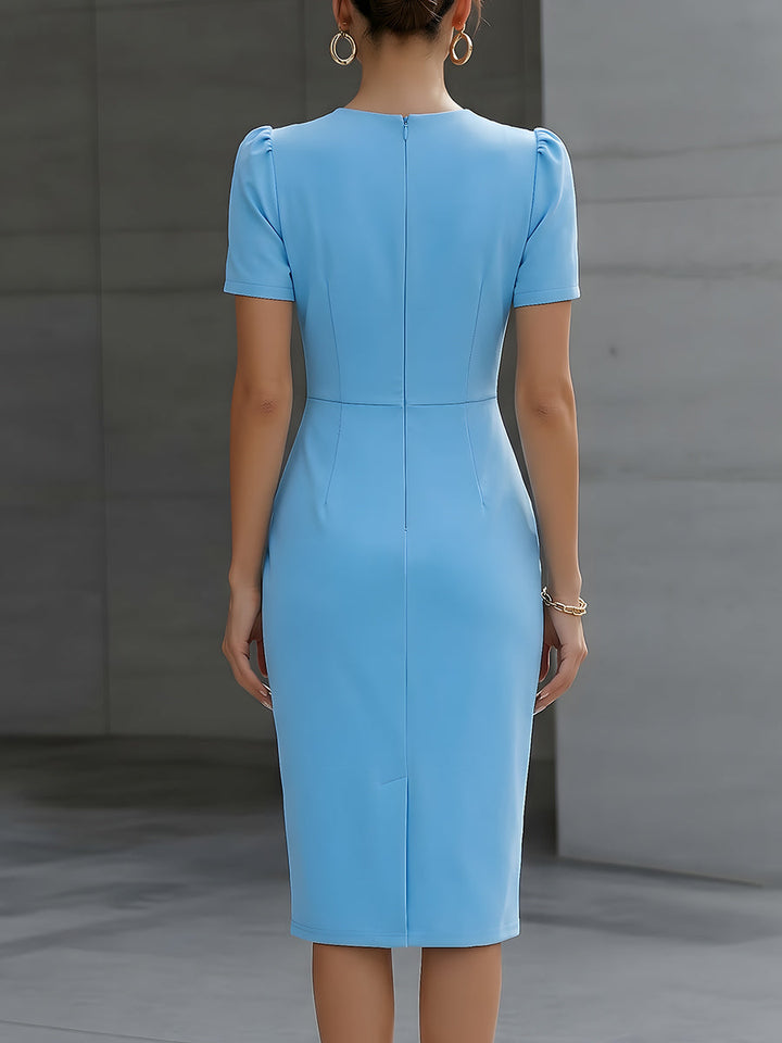 Olivia Bennet | Elegant Pleated Puff Sleeve Waist Sheath Midi Dress