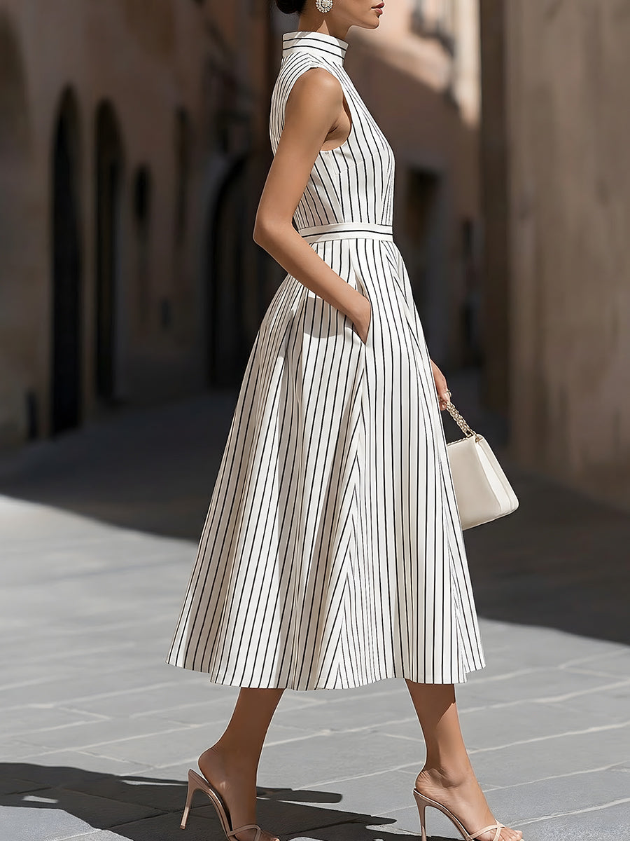 Olivia Bennet | Elegant Pinstripe High Neck Sleeveless Fit & Flare Midi Dress