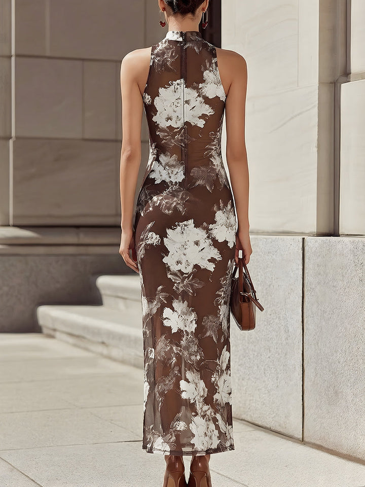 Olivia Bennet | Elegant Brown White Ink Floral Print Mesh Sleeveless Maxi Dress