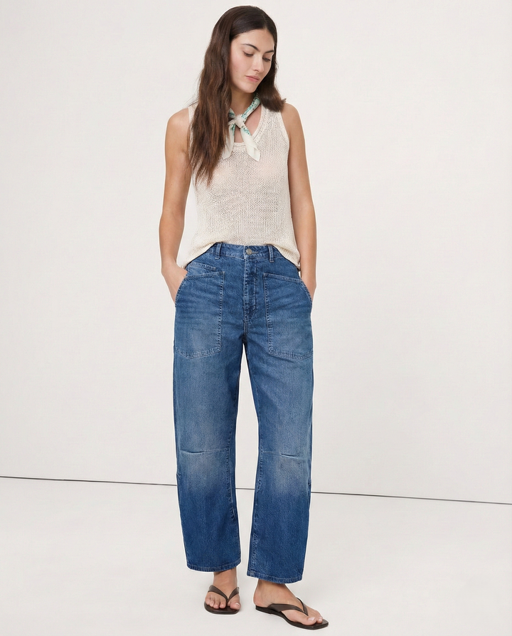 Olivia Bennet | Structured Barrel Jeans for Women in Denim