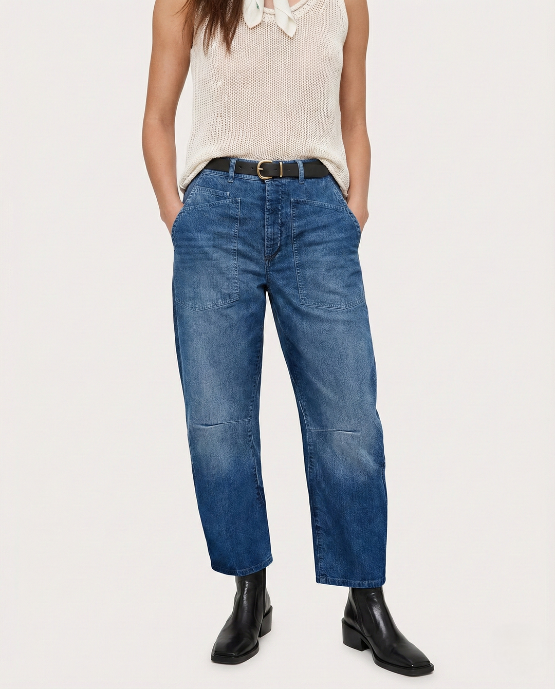 Olivia Bennet | Structured Barrel Jeans for Women in Denim