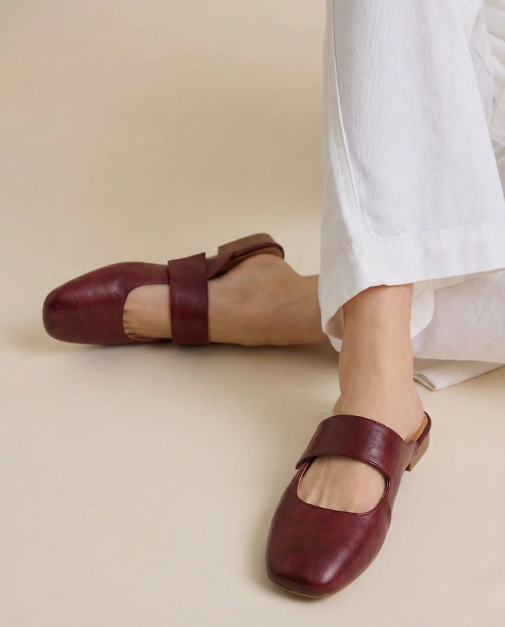 Olivia Bennet | Leather Square Toe Chunky Heel Mules