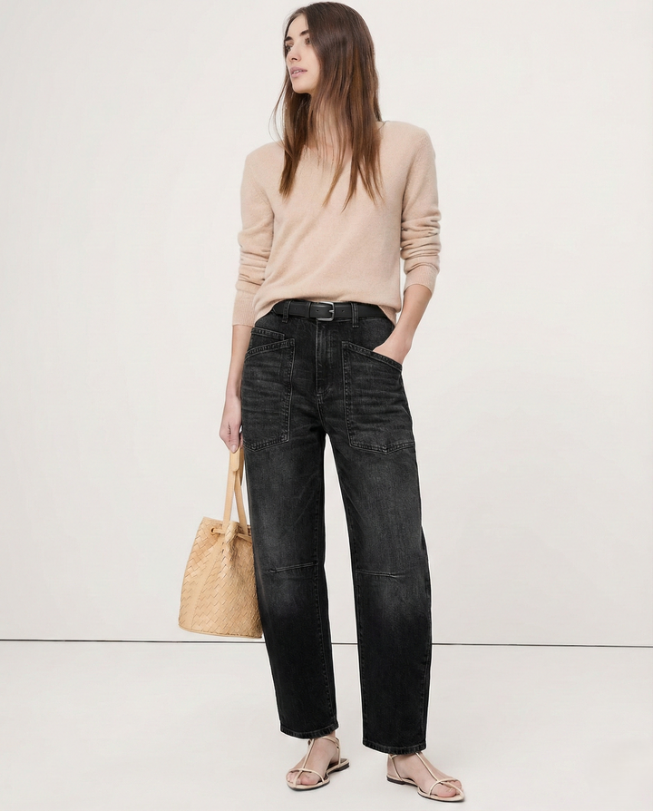 Olivia Bennet | Structured Barrel Jeans for Women in Denim