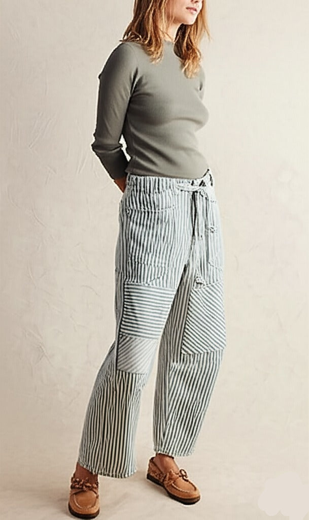 Olivia Bennet | Stripe Pant for Women in Soft Fabric, Relaxed Fit, Blue