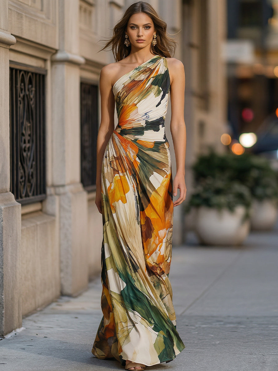 Olivia Bennet | One-Shoulder Abstract Print Draped Maxi Dress