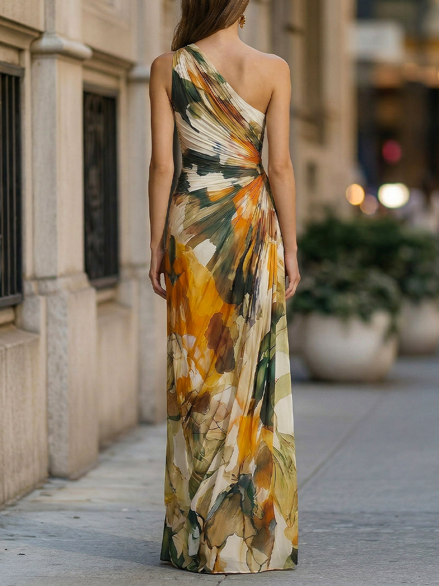 Olivia Bennet | One-Shoulder Abstract Print Draped Maxi Dress