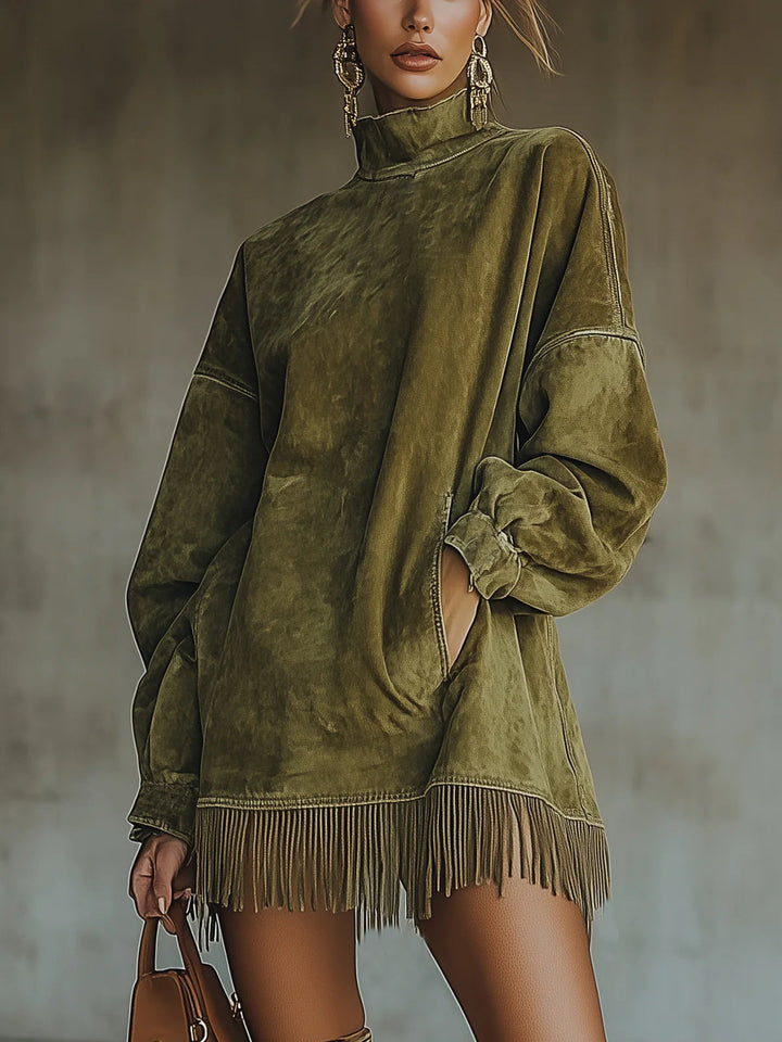 LAVINIA | Faux Turtleneck Dress with Fringe Hem