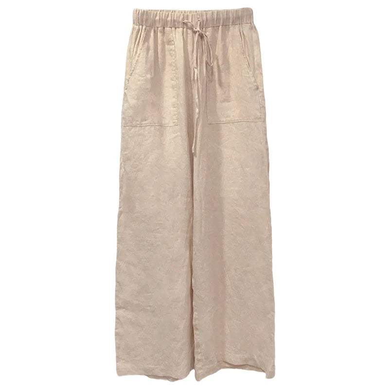 Olivia Bennet | Drawstring Straight Linen Pant for Women in Natural