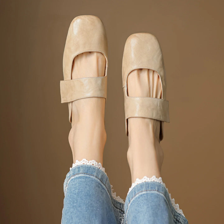 Olivia Bennet | Leather Square Toe Chunky Heel Mules