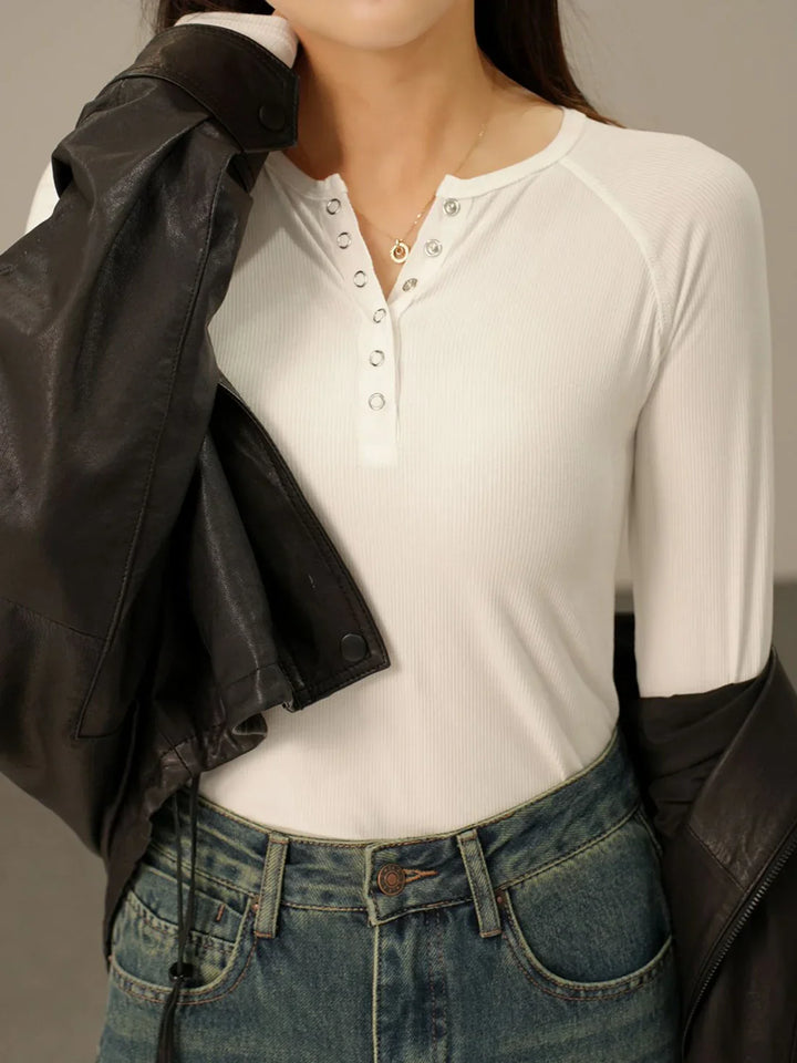 Olivia Bennet | Pop-Button Top for Women in Cotton, Fitted, White