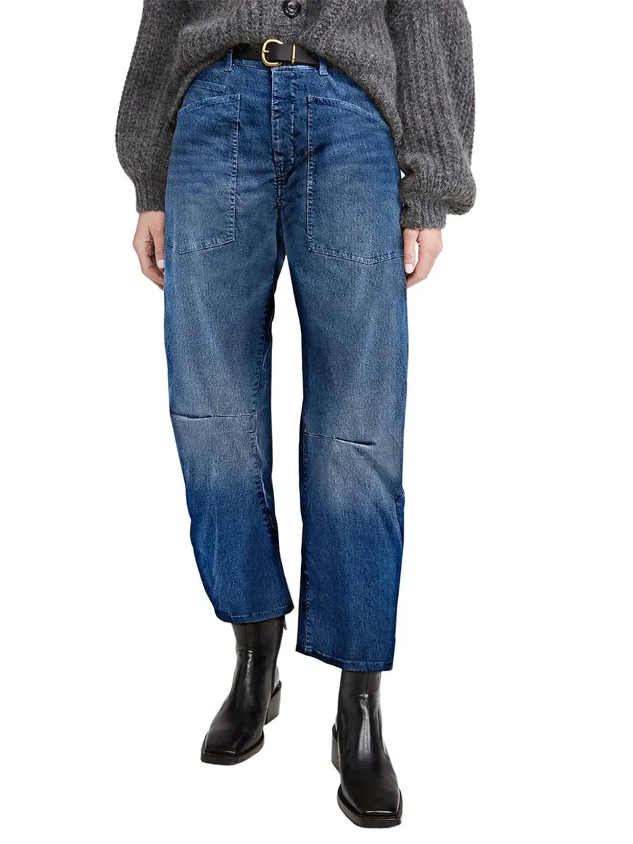 Olivia Bennet | Structured Barrel Jeans for Women in Denim