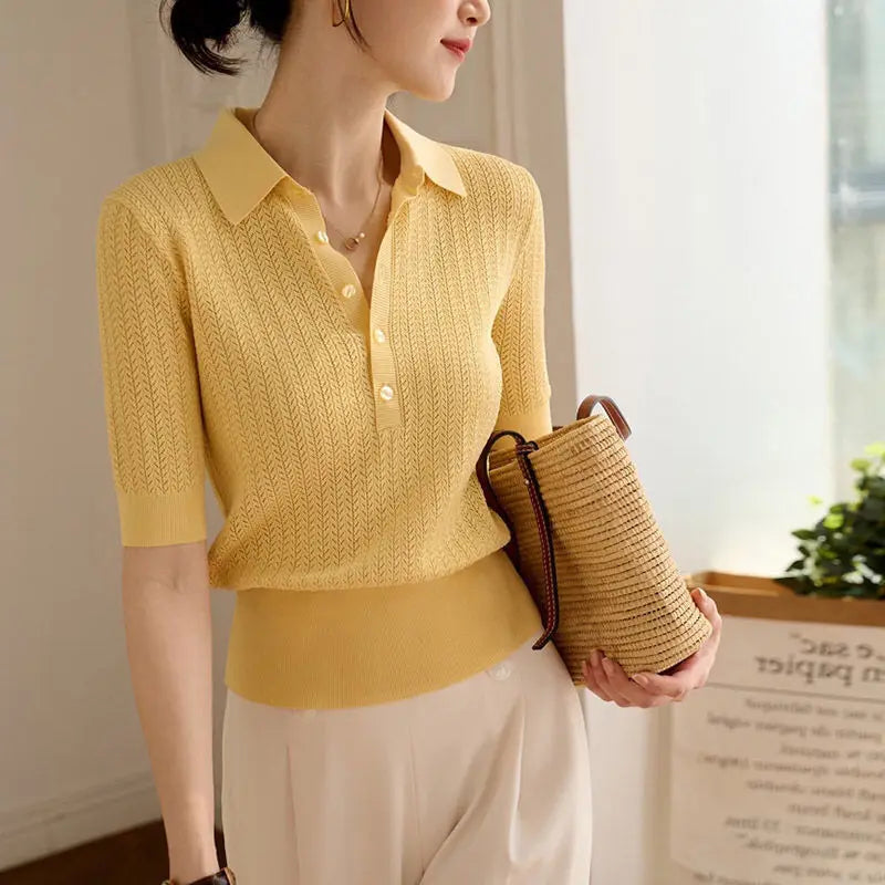 Olivia Bennet | Ribbed Knit Polo Blouse for Women in Natural Color