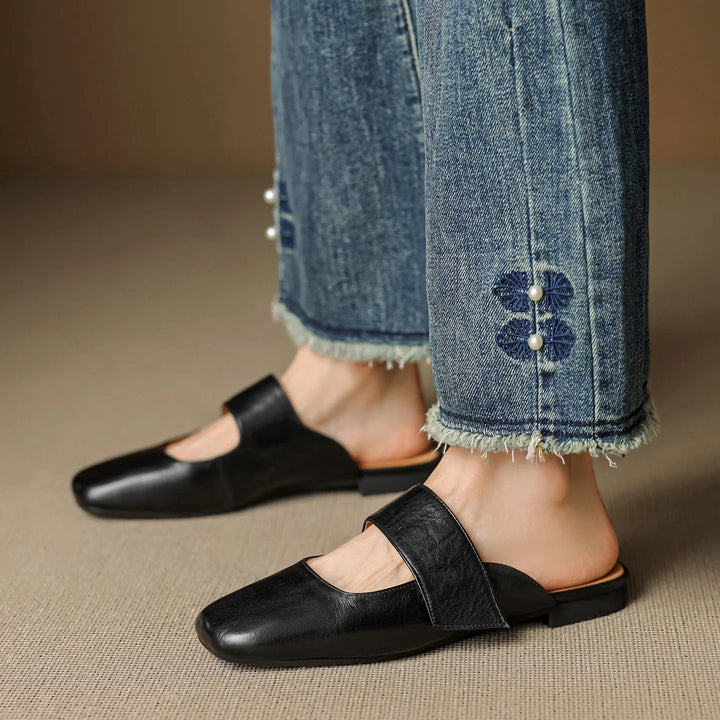 Olivia Bennet | Leather Square Toe Chunky Heel Mules