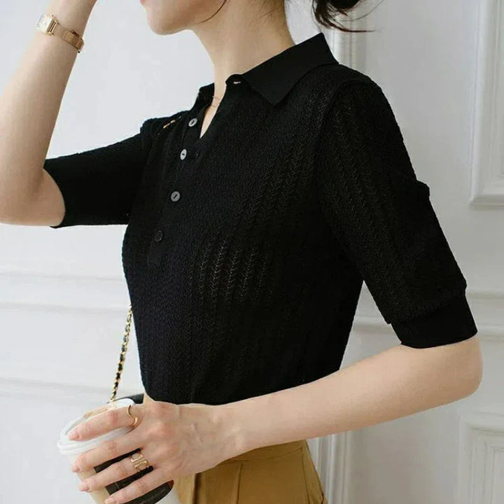 Olivia Bennet | Ribbed Knit Polo Blouse for Women in Natural Color