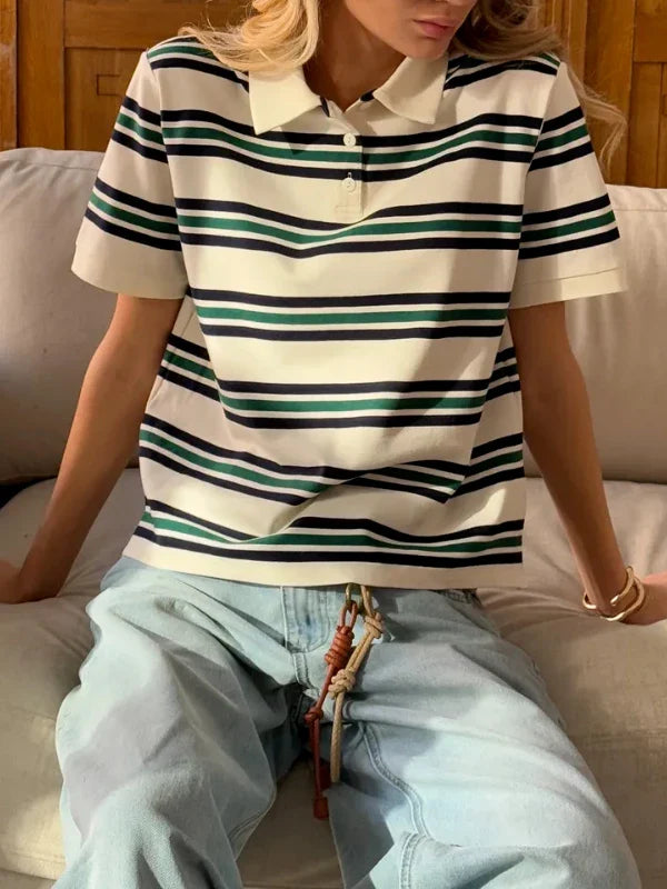 Olivia Bennet | Stripe Polo Tee for Women in Cotton Fit