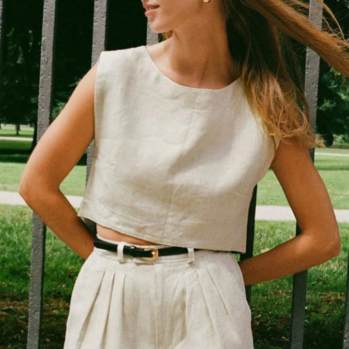 Olivia Bennet | Crop Linen Top for Women in Natural Color