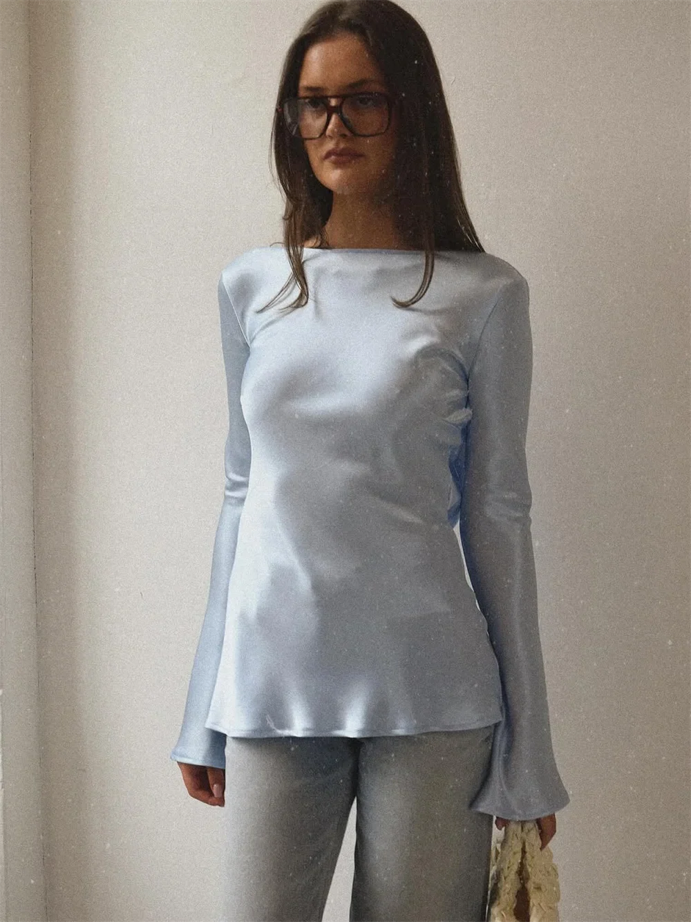 Olivia Bennet | Satin Long Sleeve Bell Cuff Top for Women