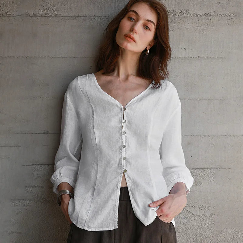 Olivia Bennet | Fitted V-Neck Linen Blouse