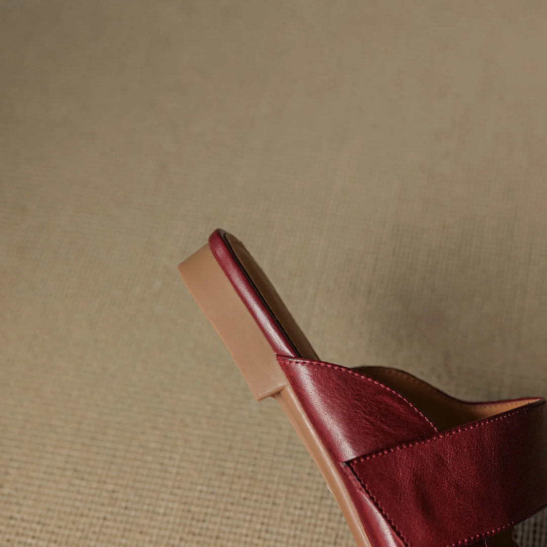 Olivia Bennet | Leather Square Toe Chunky Heel Mules