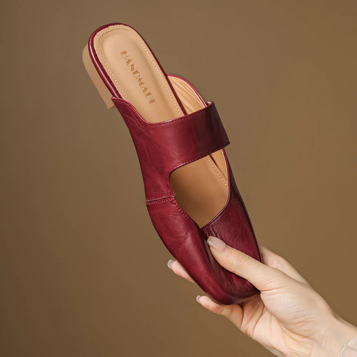 Olivia Bennet | Leather Square Toe Chunky Heel Mules