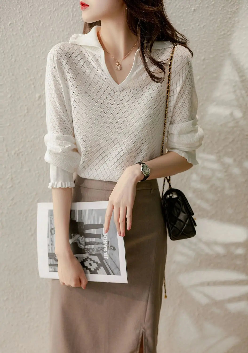 Olivia Bennet | Diamond Knit Top for Women in Natural Color