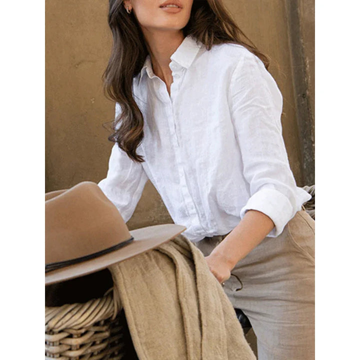 Olivia Bennet | Linen Blouse for Women in White, Relaxed Fit