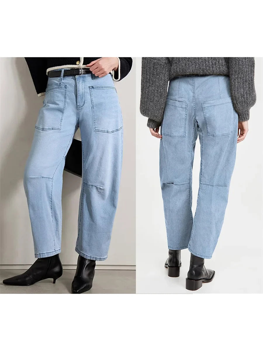 Olivia Bennet | Structured Barrel Jeans for Women in Denim