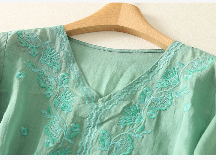 Olivia Bennet | V-Neck Cotton Blouse for Women in White