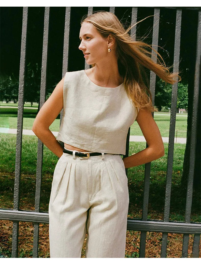 Olivia Bennet | Crop Linen Top for Women in Natural Color