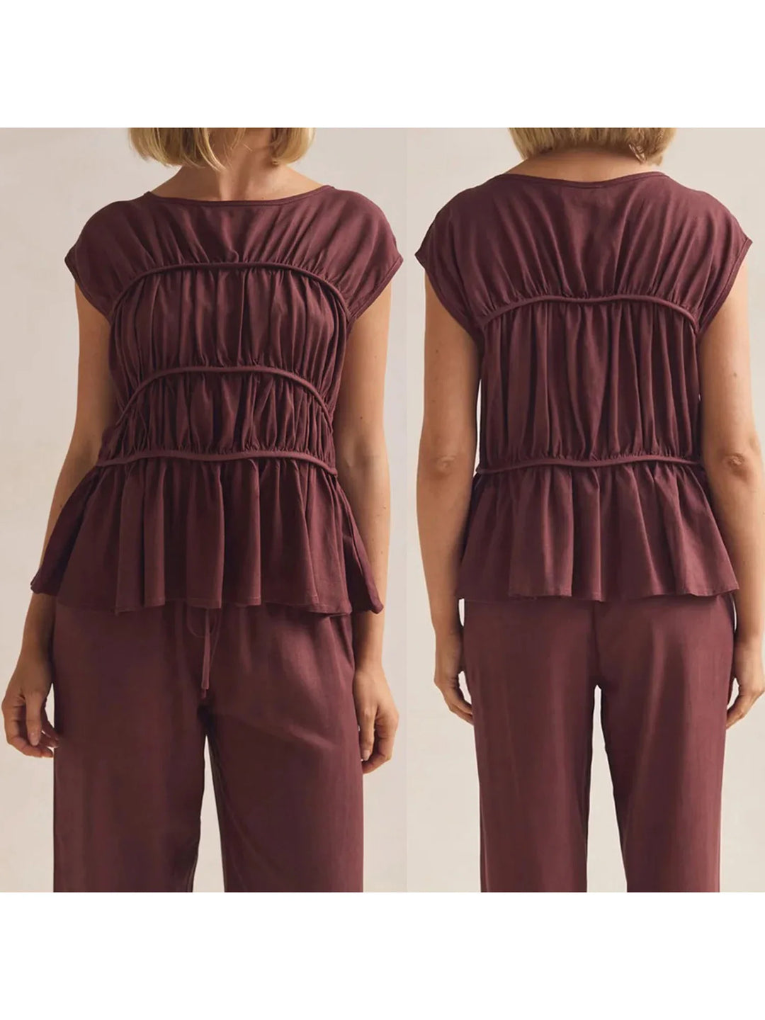 Olivia Bennet | Ruched Cap Sleeve Peplum Top for Women
