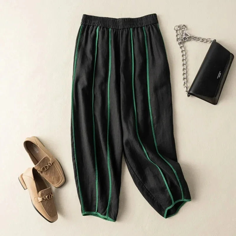 Olivia Bennet | Green Stripe Linen Wide Leg Pant