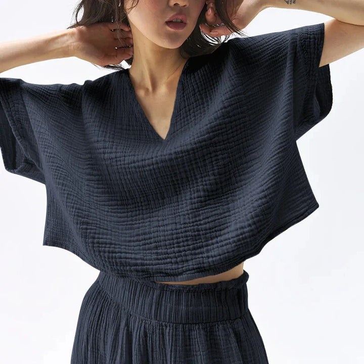 Olivia Bennet | V-Neck Crop Tee for Women in Gauze Fabric