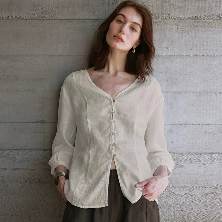 Olivia Bennet | Fitted V-Neck Linen Blouse