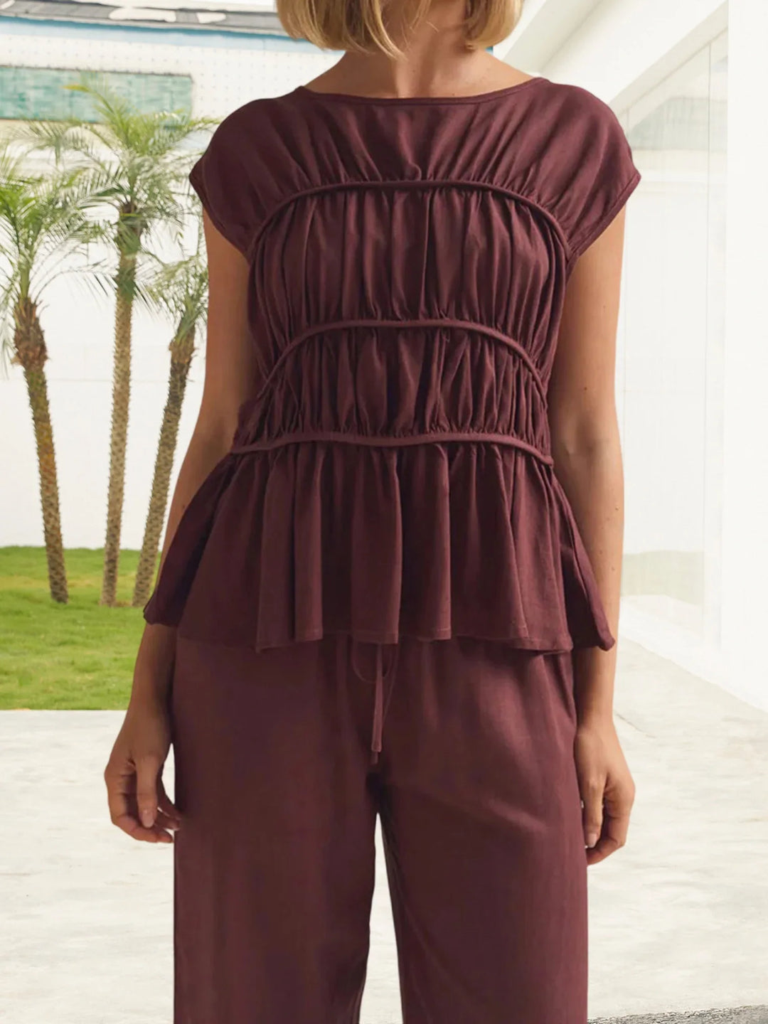 Olivia Bennet | Ruched Cap Sleeve Peplum Top for Women