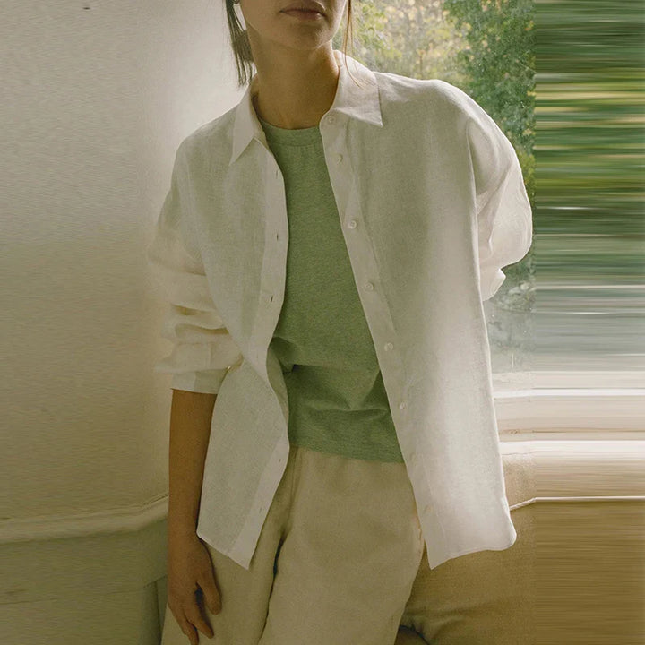 Olivia Bennet | Linen Shirt for Women in White with Slit Hem