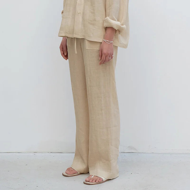 Olivia Bennet | Drawstring Straight Linen Pant for Women in Natural