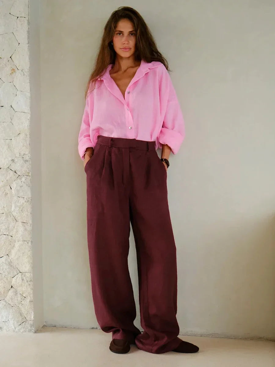 Olivia Bennet | Linen Wide-Leg Trousers for Women in Natural
