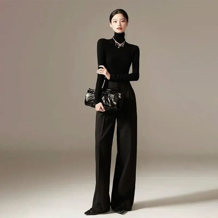 Olivia Bennet | Wide Leg Draped Pants for Women in Soft Fabric, Black
